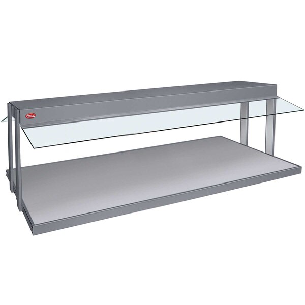 A grey Hatco buffet warmer with a stainless steel shelf and glass top.