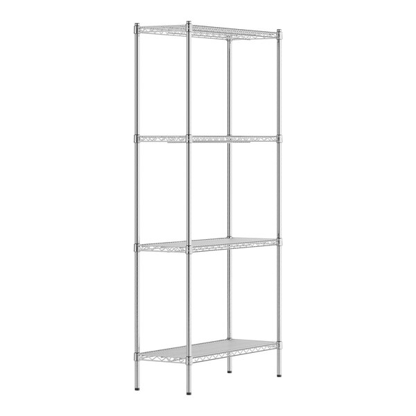 A metal wire shelving unit with four shelves.