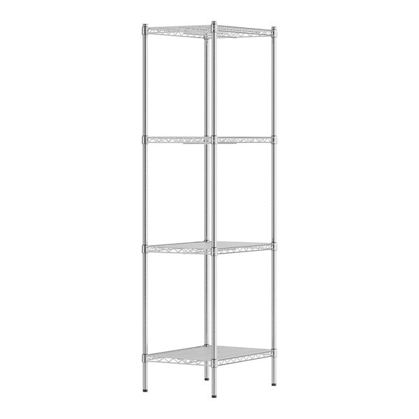 A metal wire shelving unit with four shelves.