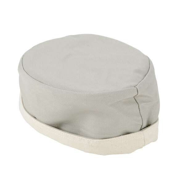 A cream and gray canvas bread basket with a cream band around the top.