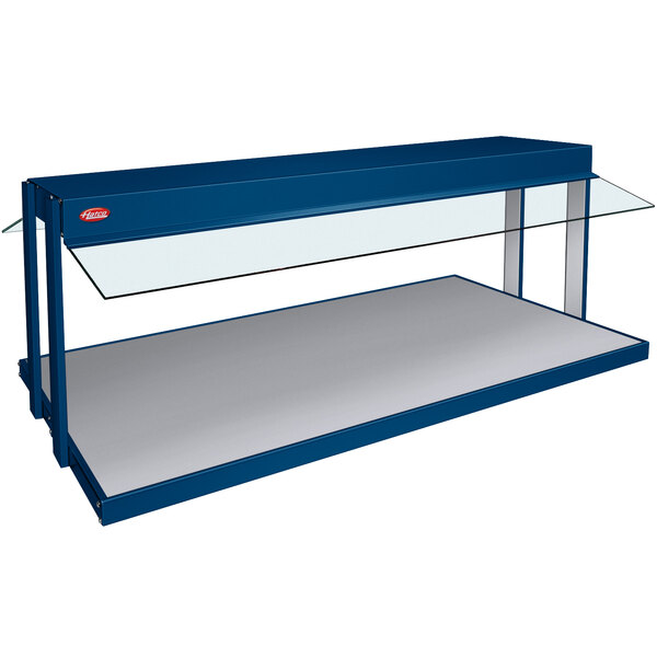 A navy blue Hatco countertop buffet warmer with a glass top.
