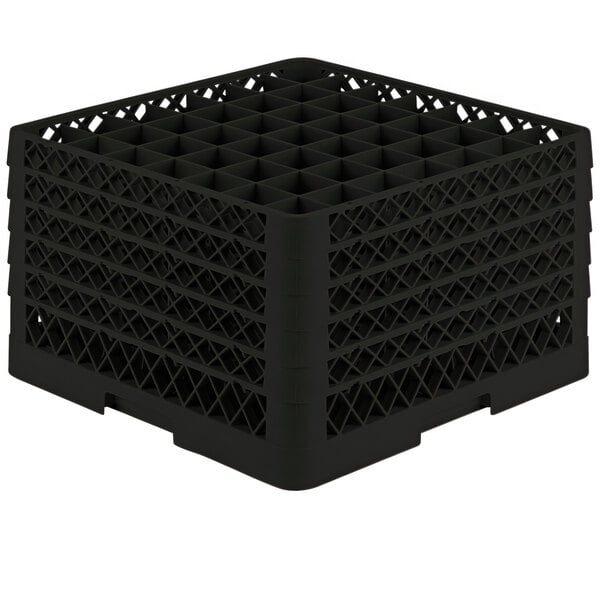 A black plastic Vollrath Traex glass rack with many square compartments.