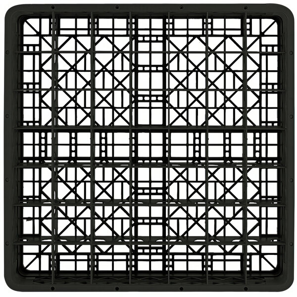 A black Vollrath Traex glass rack with square compartments.