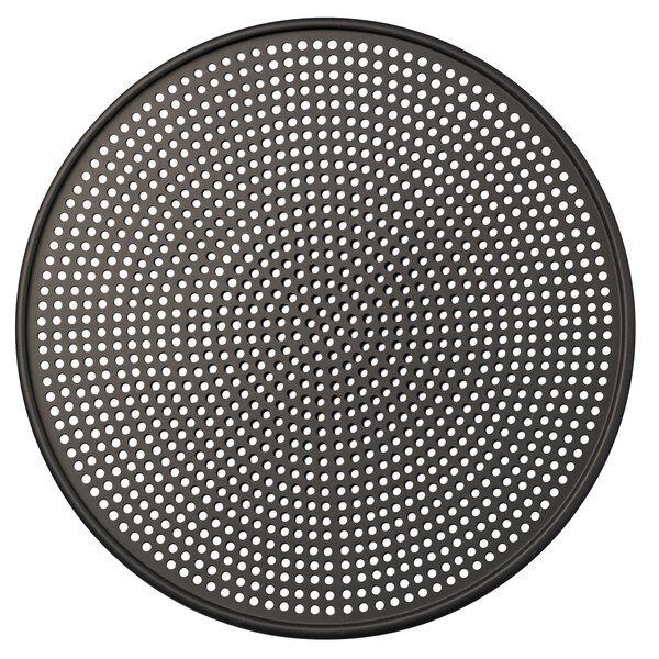 a black round metal plate with holes