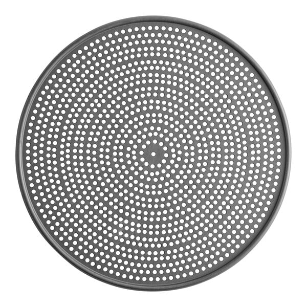 An American Metalcraft hard coat anodized aluminum circular pizza screen with holes.