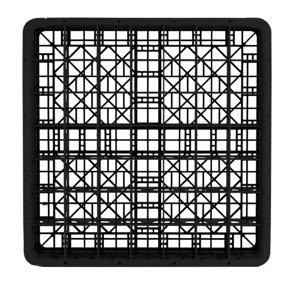 A black plastic crate with a grid of small compartments.