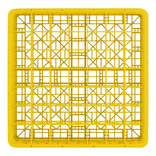 A yellow Vollrath Traex glass rack with a yellow plastic shelf with many square holes.