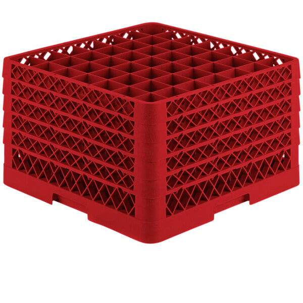 A red plastic Vollrath glass rack with many compartments.