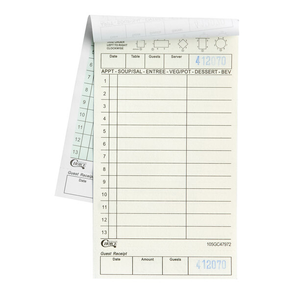 A green and white carbonless guest check pad with beverage lines and a bottom guest receipt section.