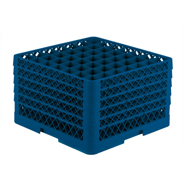 A blue plastic Vollrath Traex glass rack with many compartments and holes.