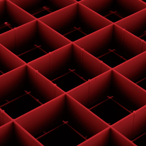 A red square Vollrath Traex glass rack with compartments.