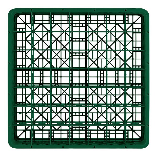 A green plastic shelf with 49 square compartments.