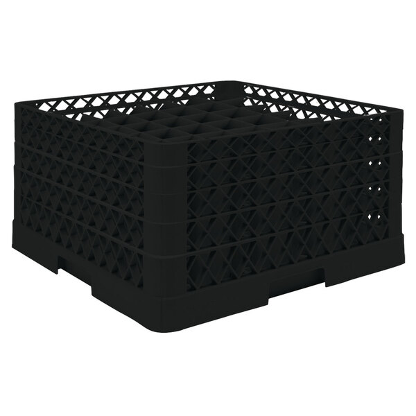A black plastic Vollrath glass rack with grids and an open rack extender.