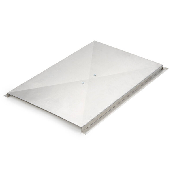 A silver metal rectangular tank cover with a screw on it.