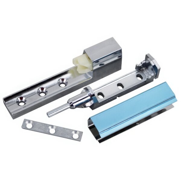 A chrome plated AllPoints cam lift door hinge with two screws and a screwdriver.