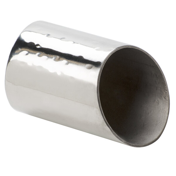 An American Metalcraft stainless steel sugar caddy with a hammered design and a black rim.