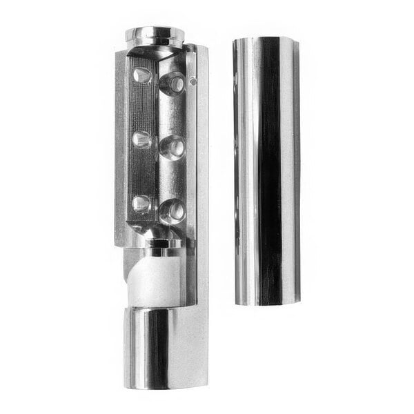 A close-up of a stainless steel AllPoints edge mount cam lift hinge with holes in a metal cylinder.