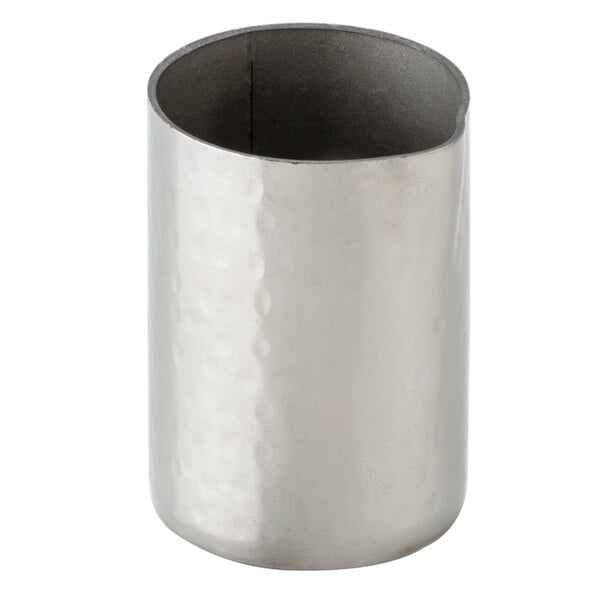 An American Metalcraft stainless steel creamer with a hammered texture and a black handle.