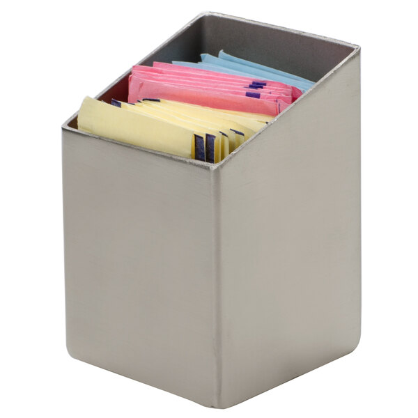 An American Metalcraft stainless steel square sugar caddy holding different colored packets.