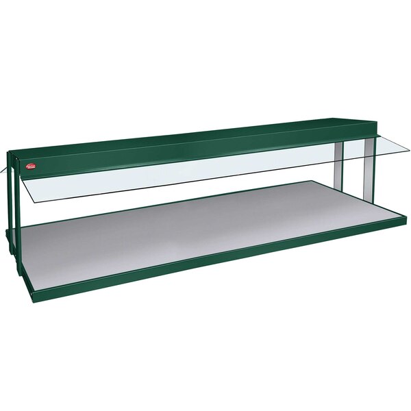 A green rectangular Hatco buffet warmer with a glass top.