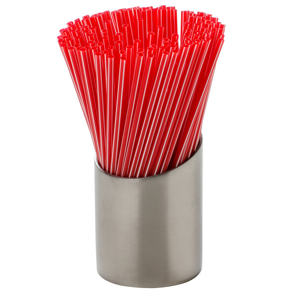 An American Metalcraft stainless steel sugar caddy filled with red and white straws on a counter.