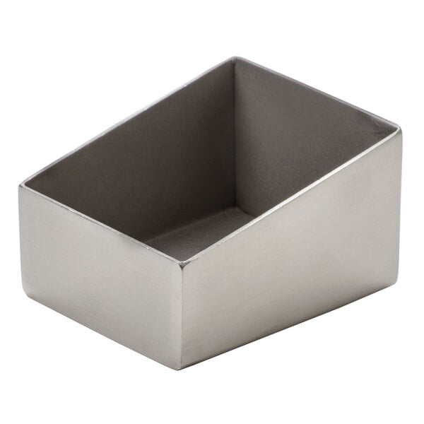 An American Metalcraft rectangular stainless steel sugar caddy with an angled lid.