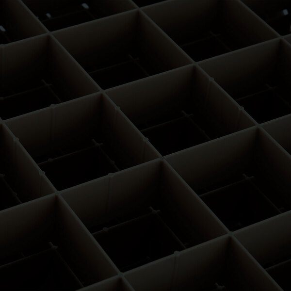 A black Vollrath glass rack grid with square compartments.