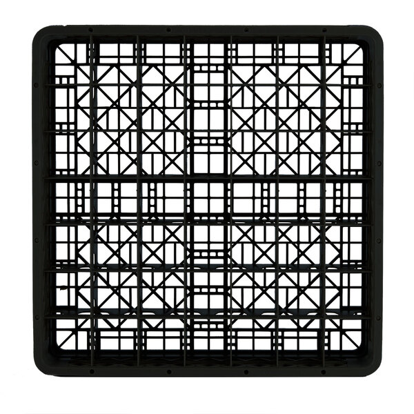 A black plastic crate with a grid of small holes.