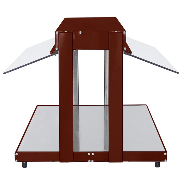 A brown metal Hatco buffet warmer shelf with glass shelves.