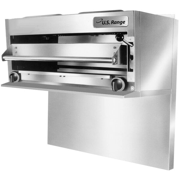 A U.S. Range stainless steel infra-red salamander broiler with the door open.