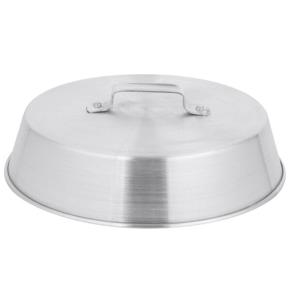 A silver metal Town aluminum wok cover with a handle.