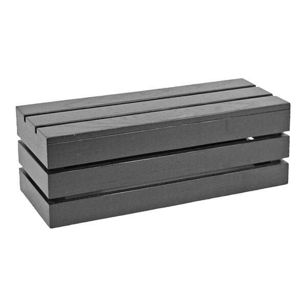 A rectangular black wooden crate riser with slatted sides and top.