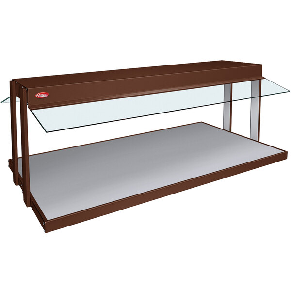 A brown Hatco buffet warmer with glass shelves.