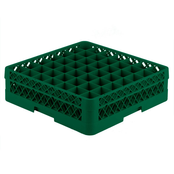 A green plastic Vollrath Traex glass rack with compartments.