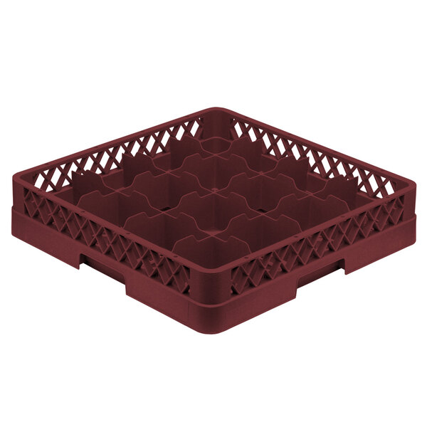 A Vollrath burgundy plastic cup rack with a rack extender on top.