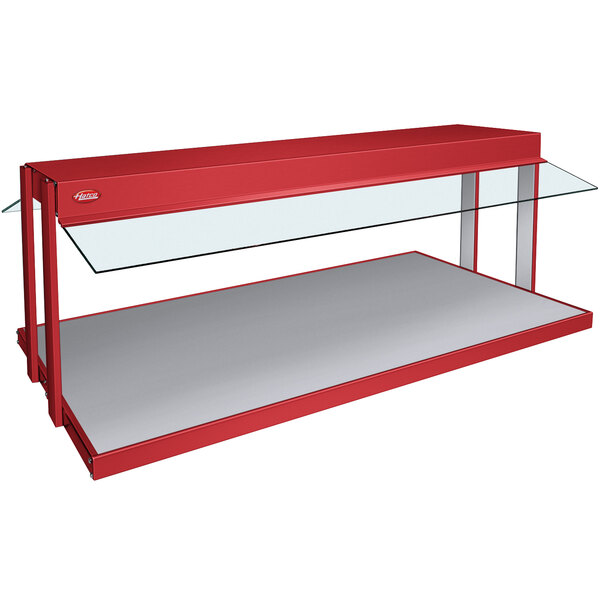 A red and white Hatco countertop buffet warmer display case.