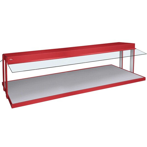 A red rectangular Hatco buffet warmer with glass shelves.