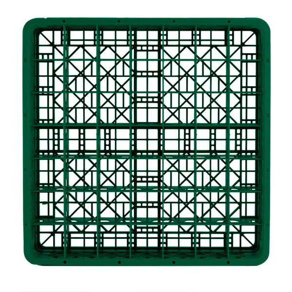 A green plastic Vollrath Traex glass rack with a grid pattern.
