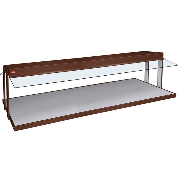 A brown rectangular Hatco buffet warmer with a white surface.