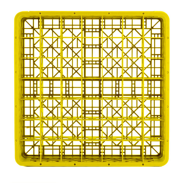 A Vollrath yellow plastic glass rack with 49 compartments and a grid pattern.