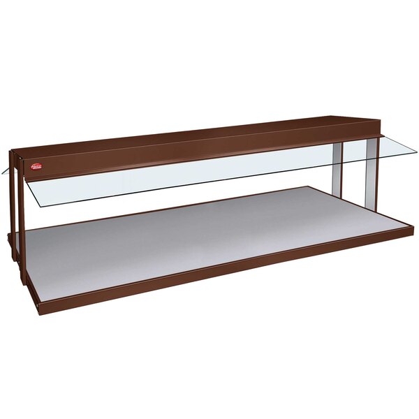 A brown rectangular Hatco buffet warmer with a glass top.