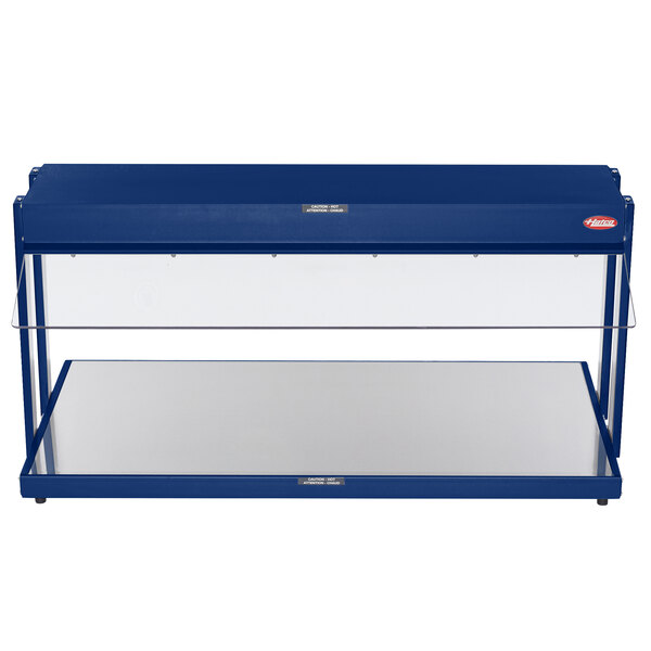 A navy blue metal Hatco countertop buffet warmer with glass shelves.