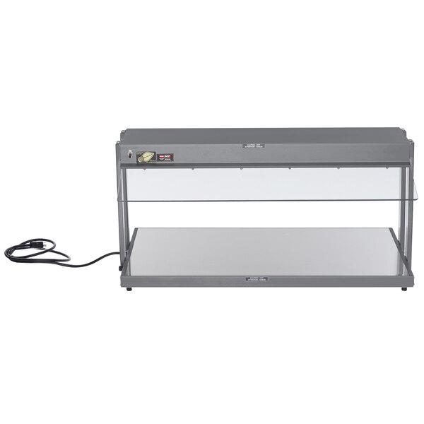 A grey rectangular Hatco buffet warmer with a glass top.