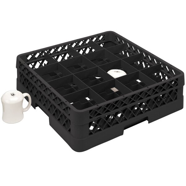 A Vollrath black plastic cup rack holding white cups and a white mug.