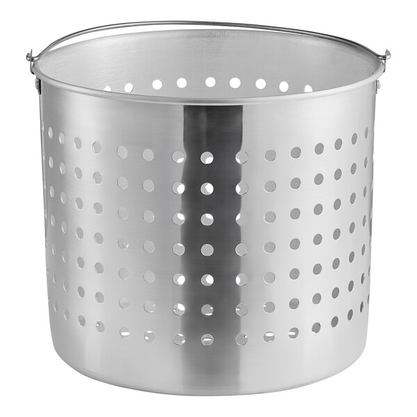 A silver aluminum steamer basket with holes.