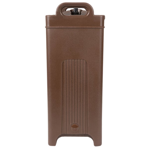 A brown plastic Carlisle Cateraide XT insulated beverage dispenser with a handle and valve.