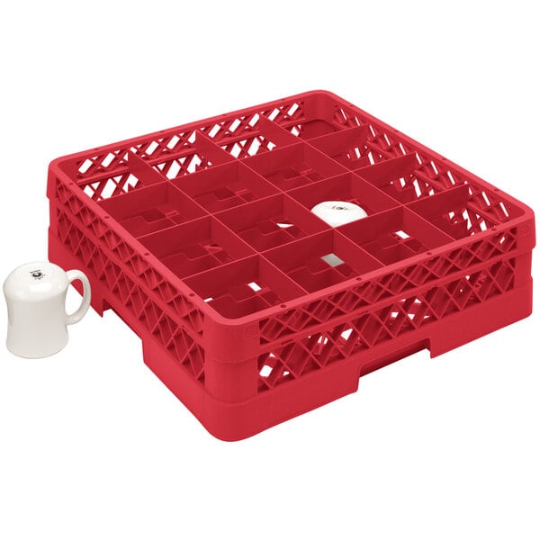 A Vollrath red plastic cup rack holding white cups.