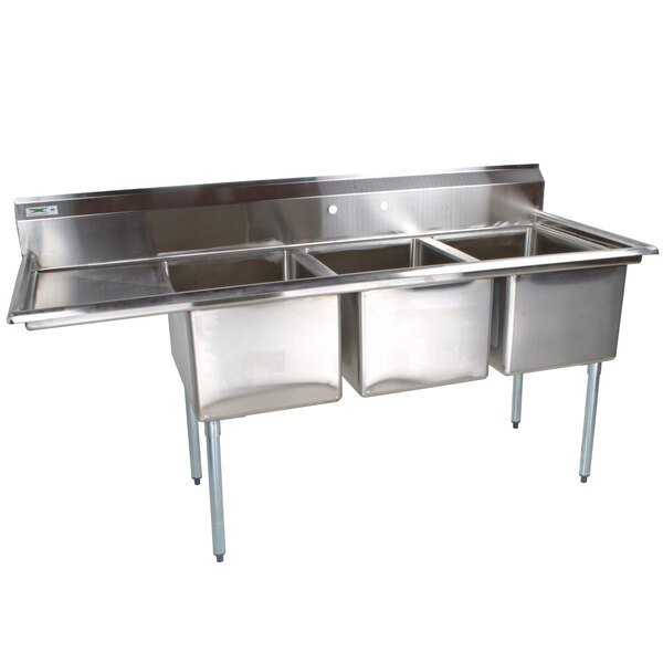 Regency 66 1 2 16 Gauge Stainless Steel Three Compartment Commercial Sink With 1 Drainboard 15 X 15 X 12 Bowls
