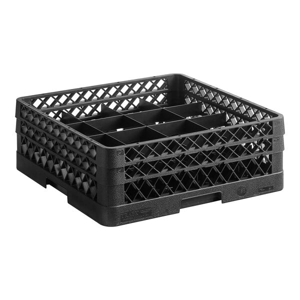 A Vollrath black plastic cup rack with 16 compartments.