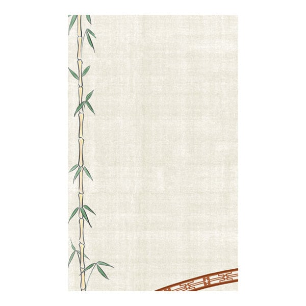 A sheet of paper with a bamboo stalk and leaves illustrated along the left edge and a partial brown pattern in the bottom right corner, set against a light textured background.